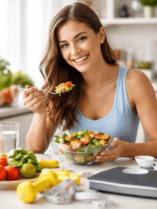Woman enjoying a healthy salad for weight loss in Lebanon, promoting nutritious meal plans.