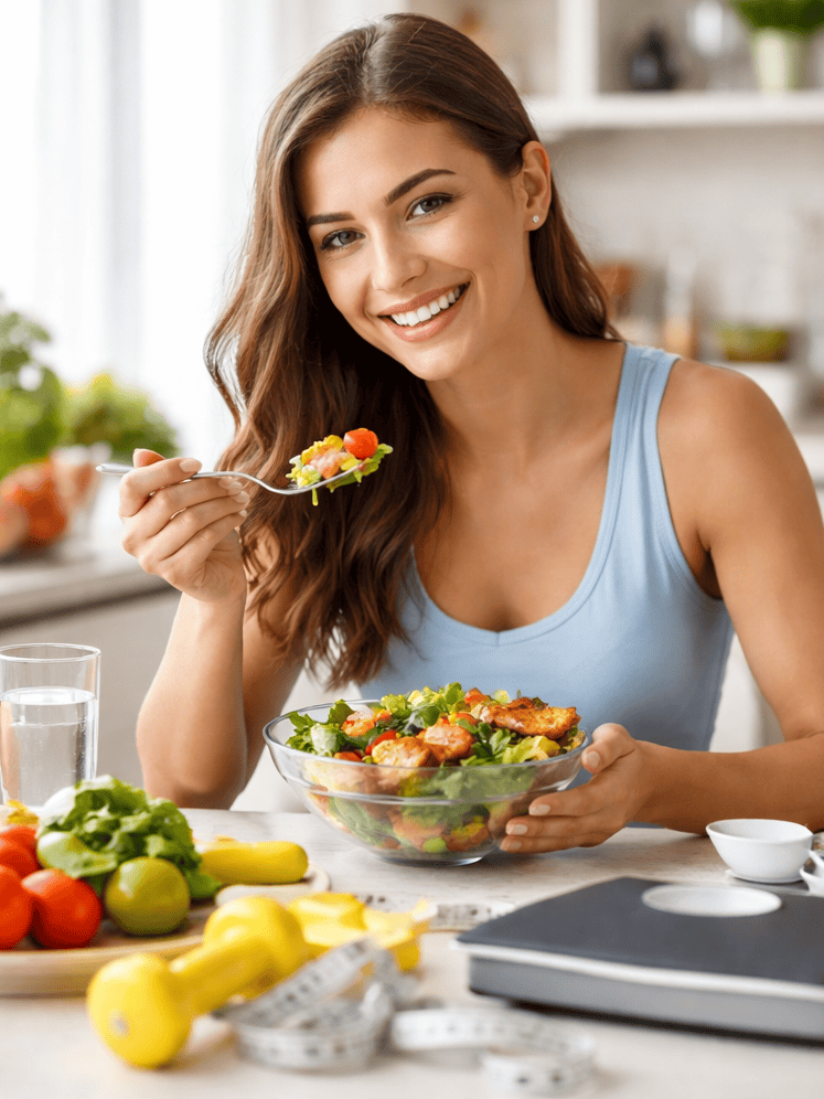 Woman enjoying a healthy salad for weight loss in Lebanon, promoting nutritious meal plans.